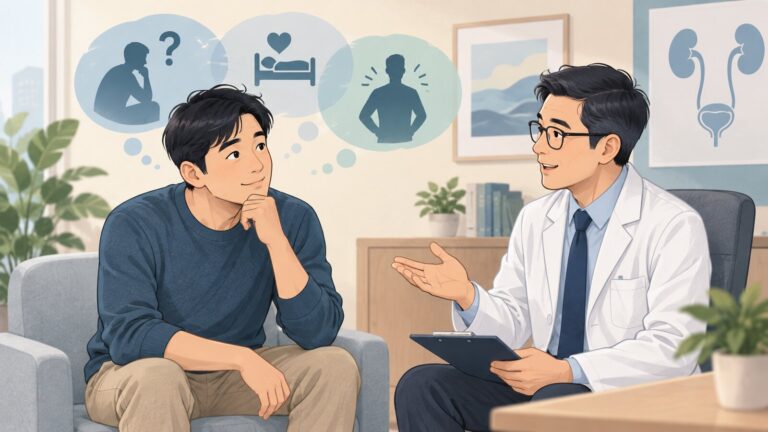 泌尿科醫師與成人討論自慰和勃起功能疑問的衛教插圖