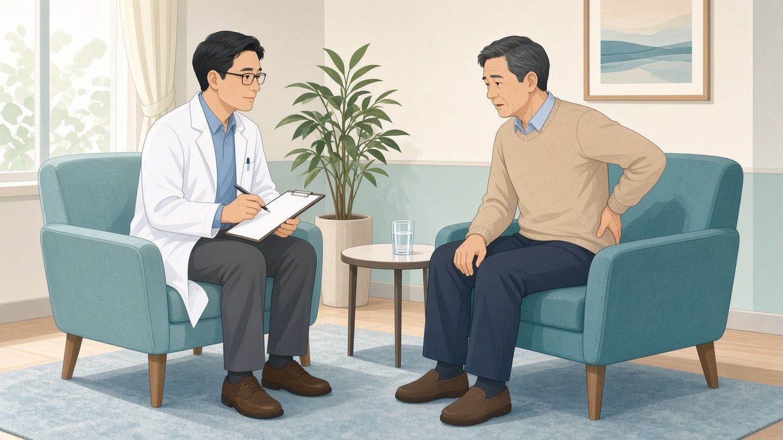 泌尿科醫師與男性患者坐在兩張扶手椅上,討論腰側疼痛的位置與發生時間