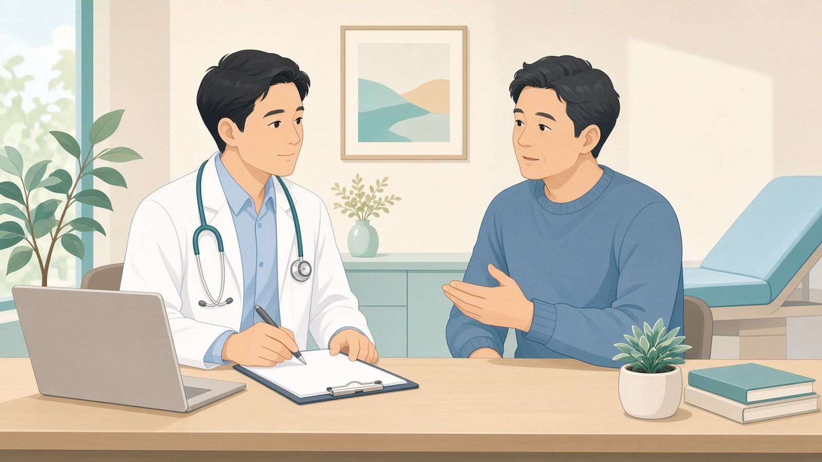 泌尿科醫師與男性患者在診間討論精液異常的病史與風險因素