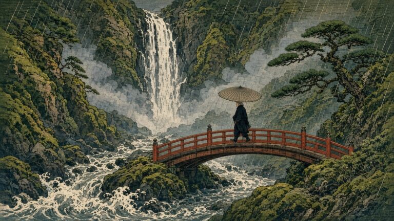 腎水腫衛教封面：浮世繪木刻版畫風格的雨中山谷瀑布與紅色拱橋，男性撐傘過橋的插畫
