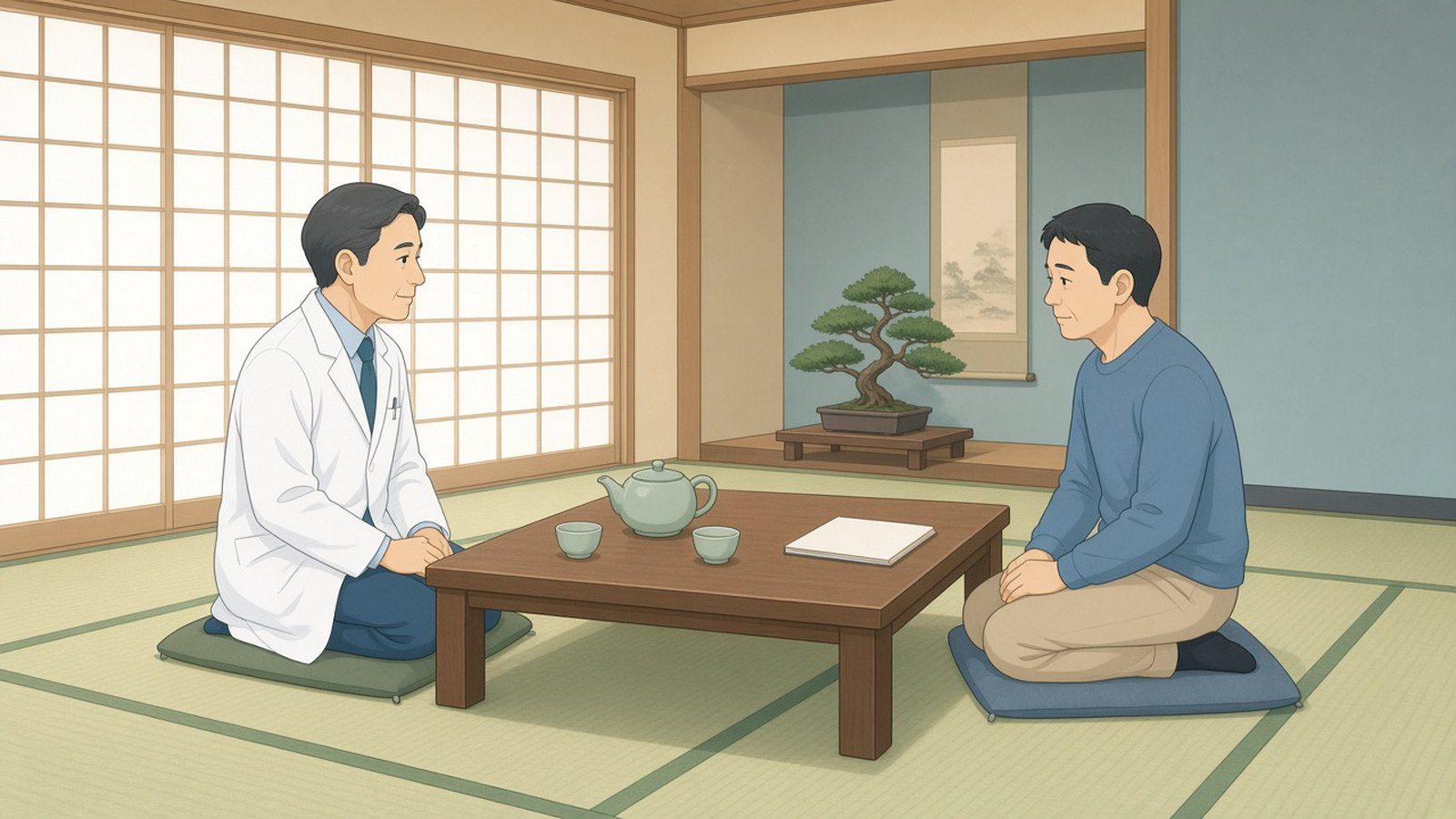 日式茶室般的安靜諮詢空間,泌尿科醫師與男性患者跪坐在矮桌兩側輕聲交談,紙門透進柔光