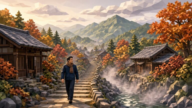 射精量變少衛教封面：低多邊形風格的秋日山間溫泉小鎮，男性沿石階散步的插畫