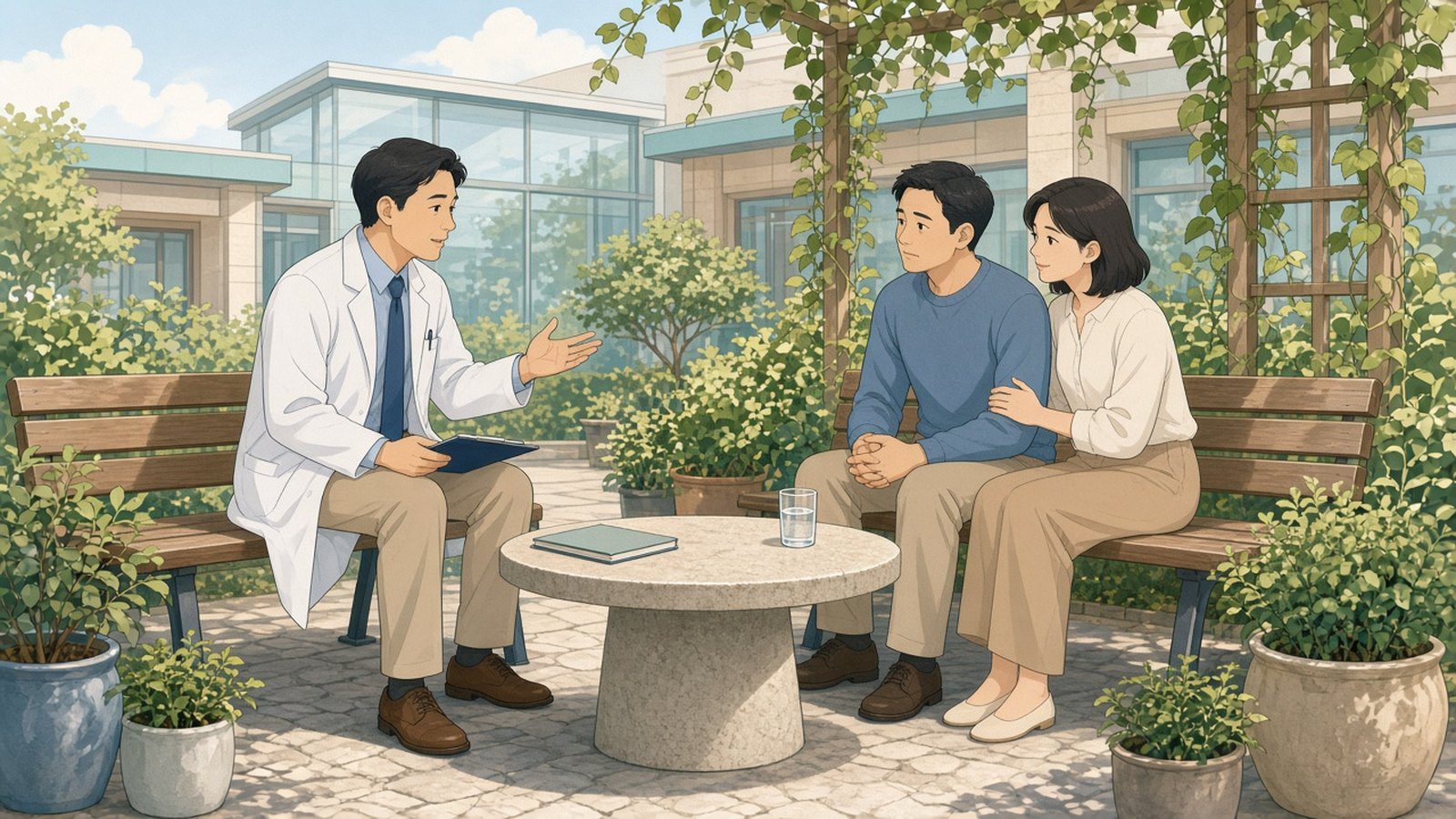 泌尿科醫師坐在陽光明亮的診所中庭長椅上,與對面圓形石桌旁的一對伴侶討論備孕時間與生活習慣