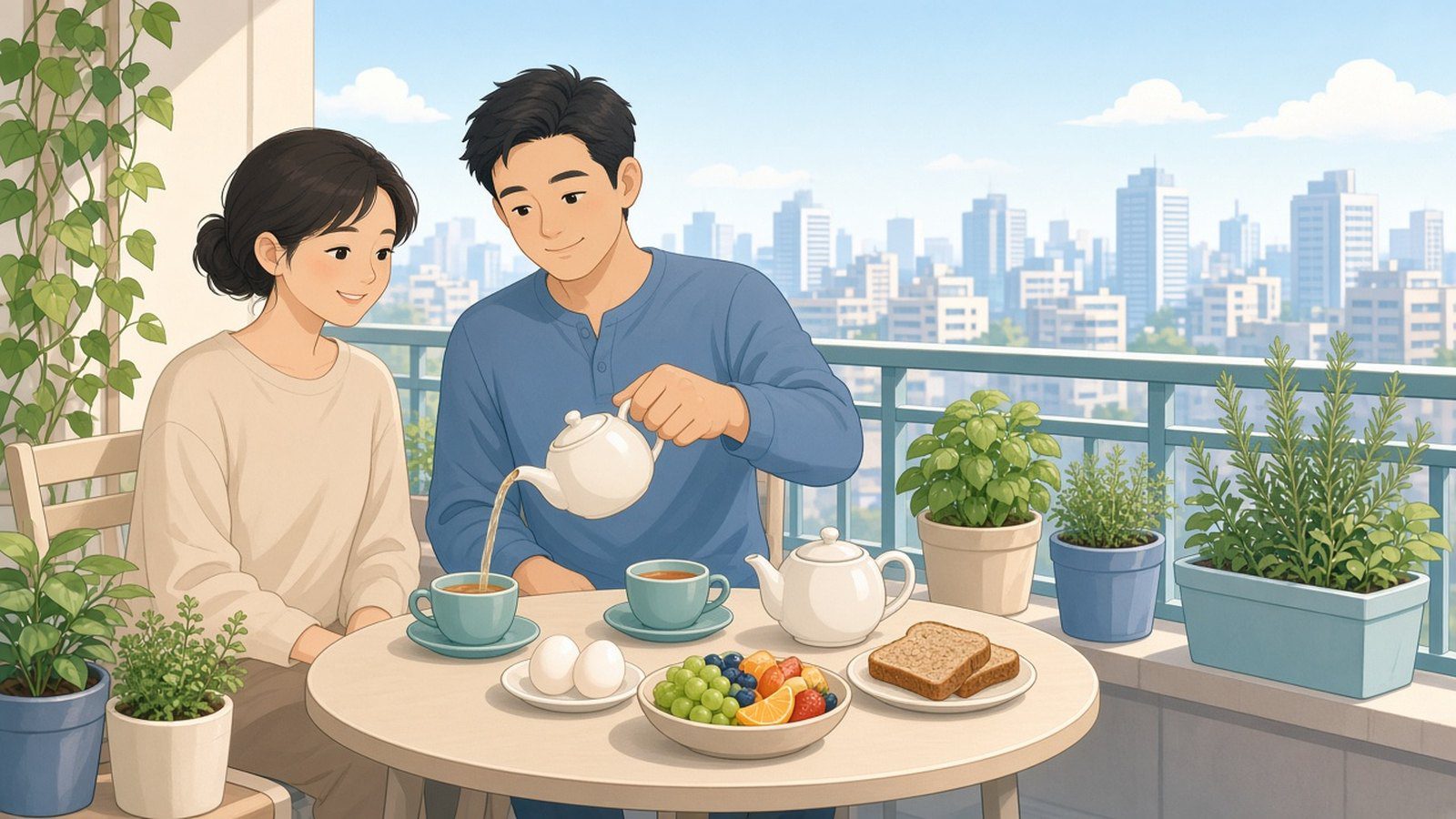 陽台早餐桌上有水果、吐司、水煮蛋與香草盆栽,男性為伴侶倒茶,象徵規律飲食與健康生活習慣