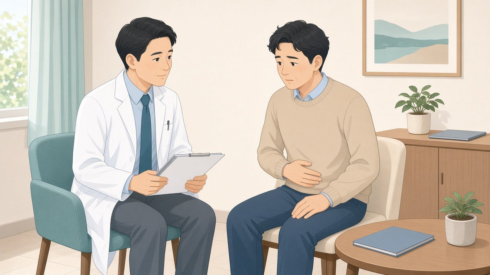 泌尿科醫師在診間聆聽男性患者描述射精疼痛的發生時間與伴隨症狀