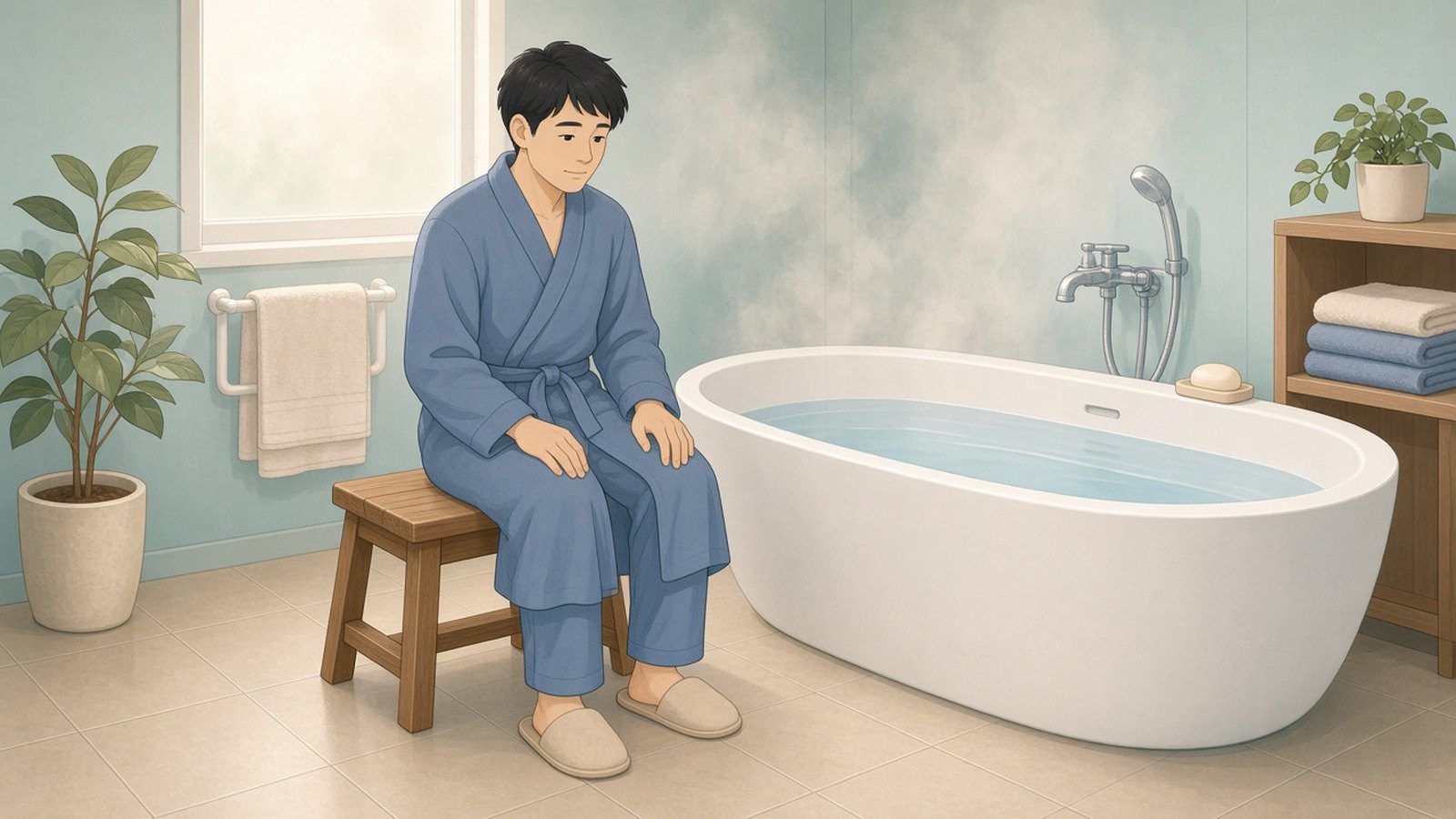 男性在家中以溫水坐浴照護,依醫師建議緩解骨盆不適