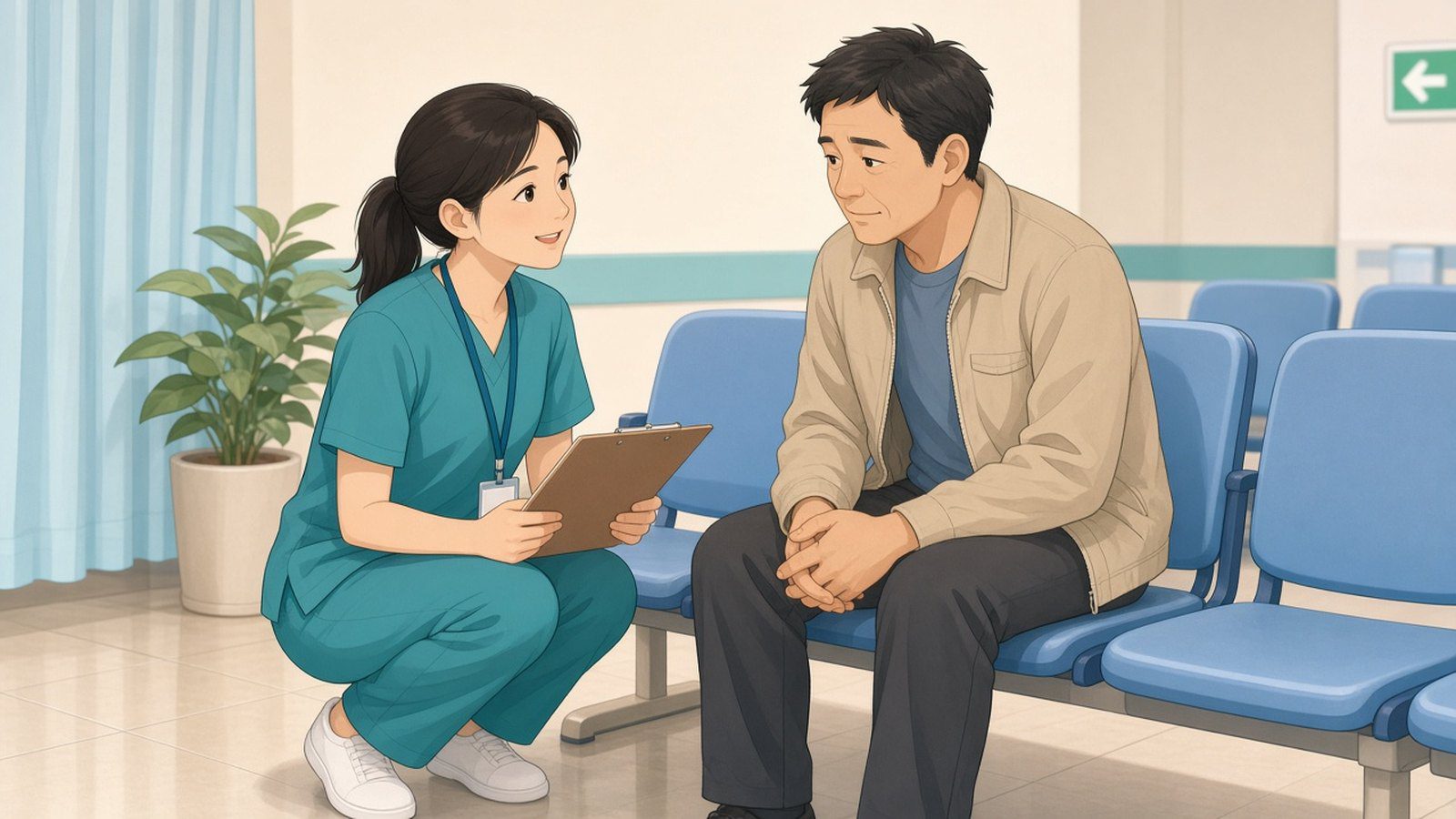 พยาบาลคัดกรองห้องฉุกเฉินนั่งยองข้างเก้าอี้รอตรวจ พูดคุยกับผู้ป่วยชายในระดับสายตาเดียวกันเพื่อสอบถามระยะเวลาที่แข็งตัวและอาการเจ็บ
