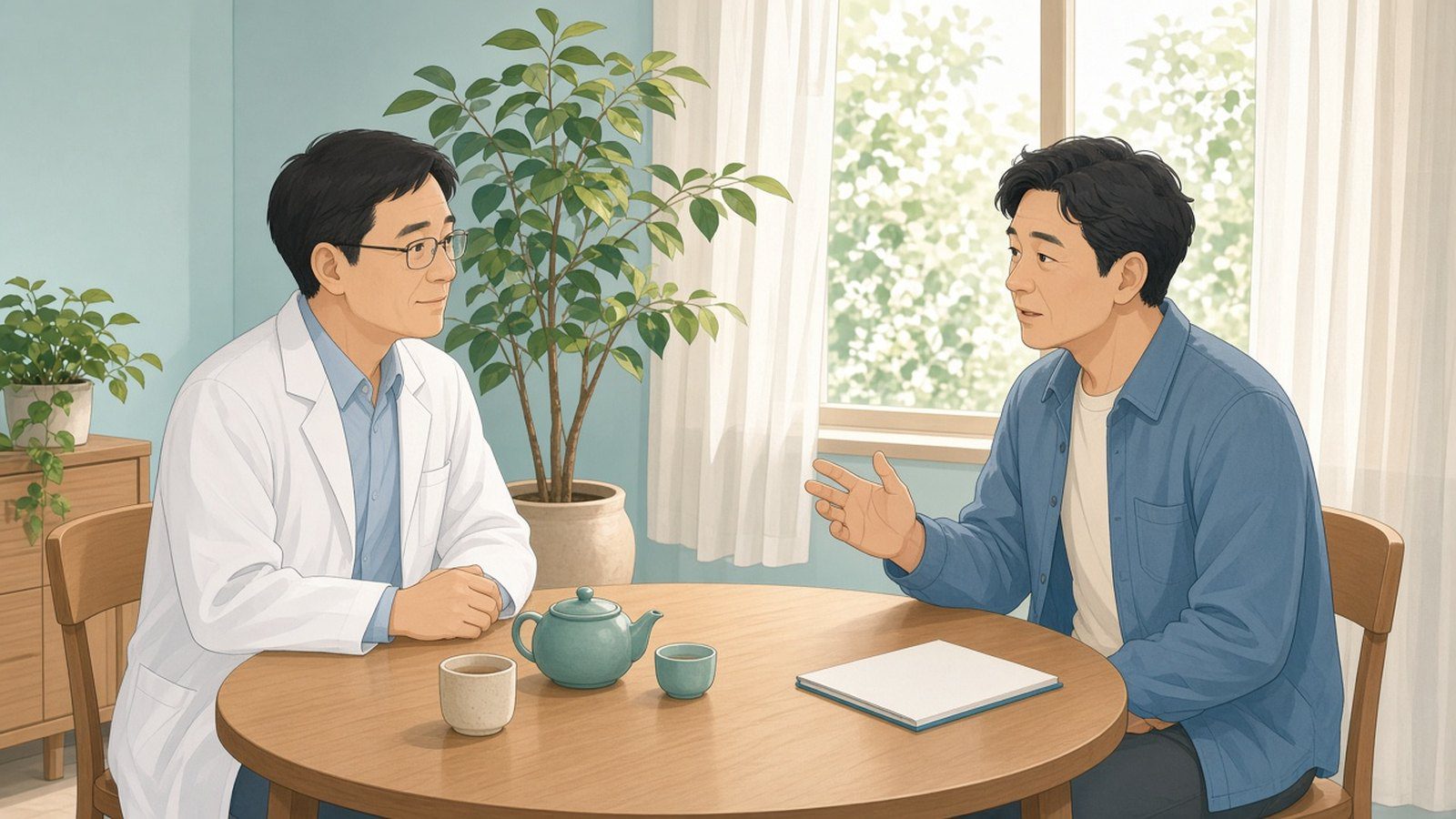 陽光明亮的諮詢室裡,泌尿科醫師與男性患者坐在圓桌轉角並坐交談,桌上有茶具