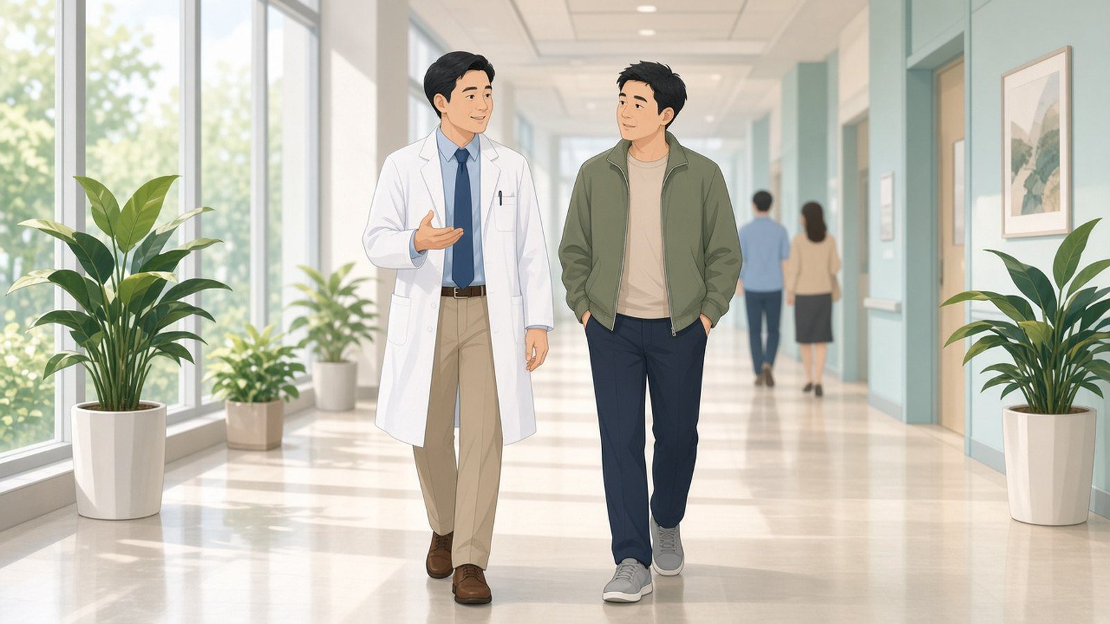 泌尿科醫師與男性患者並肩走在明亮的醫院走廊,討論陰囊腫大的發生時間與變化
