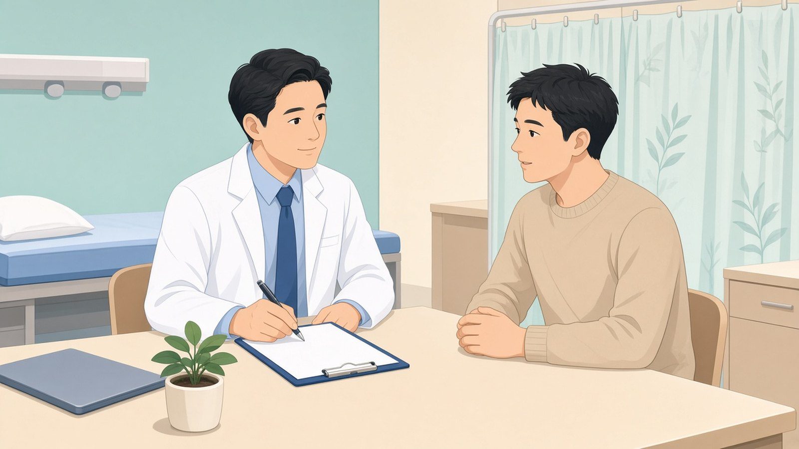 泌尿科醫師在診間聆聽男性患者描述睪丸疼痛的發生時間與伴隨症狀
