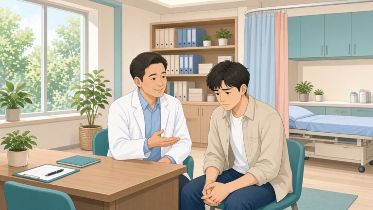 泌尿科門診衛教封面：醫師與男性患者討論睪丸疼痛