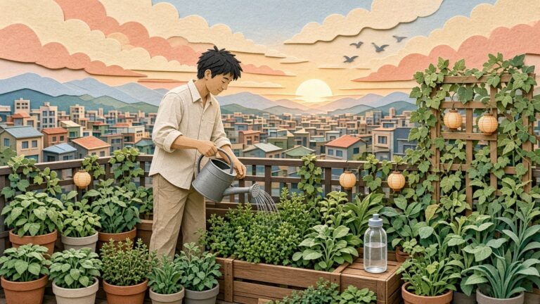 尿液顏色衛教封面：清晨屋頂花園中男性拿著水壺澆花的剪紙風插畫