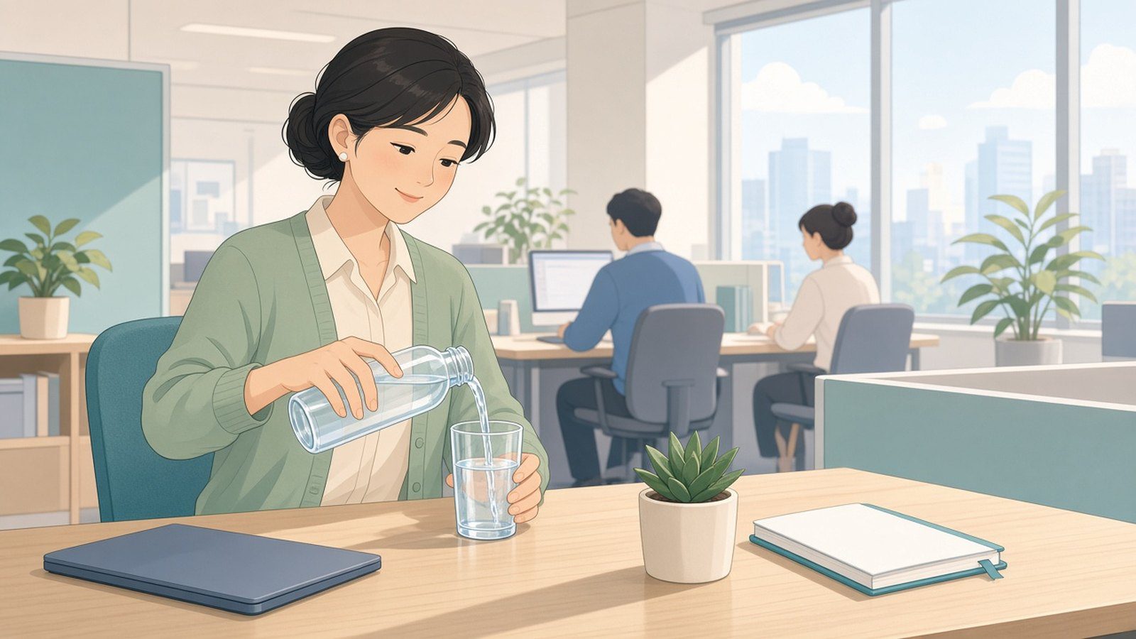 上班族在辦公桌旁以水壺規律補充水分,留意日常飲水習慣